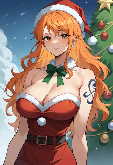 score_9, score_8_up, score_7_up, score_6_up, score_5_up, score_4_up, BREAK source_anime, nami_post, orange hair, long hair, wavy hair, side locks, brown eyes, large breasts, shoulder tattoo, adult, CLEAVAGE, holiday theme, holiday costume, winter, outdoor,...