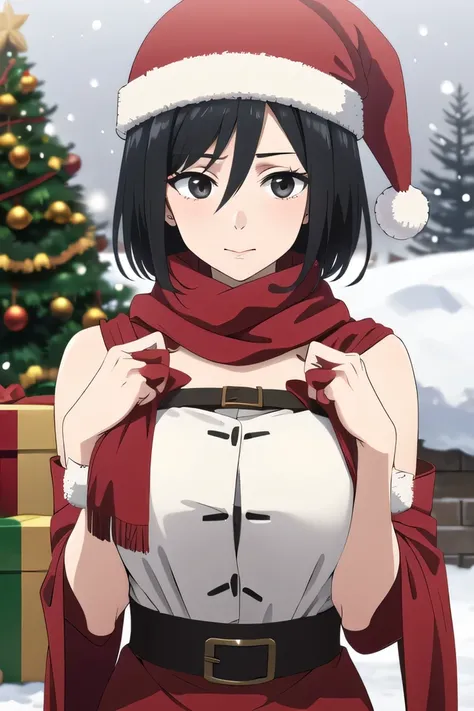 masterpiece, best quality, highres, hmmikasa, short hair, black eyes, scarf, red scarf, large breast, eyelashes, holiday theme, holiday costume, winter, outdoor, christmas tree, santa claus costume, santa claus hat, WINTER, snowing, snow, SNOWING, BLACK HA...