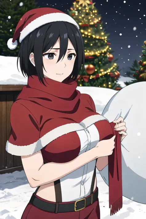 masterpiece, best quality, highres, hmmikasa, short hair, black eyes, scarf, red scarf, large breast, eyelashes, holiday theme, holiday costume, winter, outdoor, christmas tree, santa claus costume, santa claus hat, WINTER, snowing, snow, SNOWING, BLACK HA...