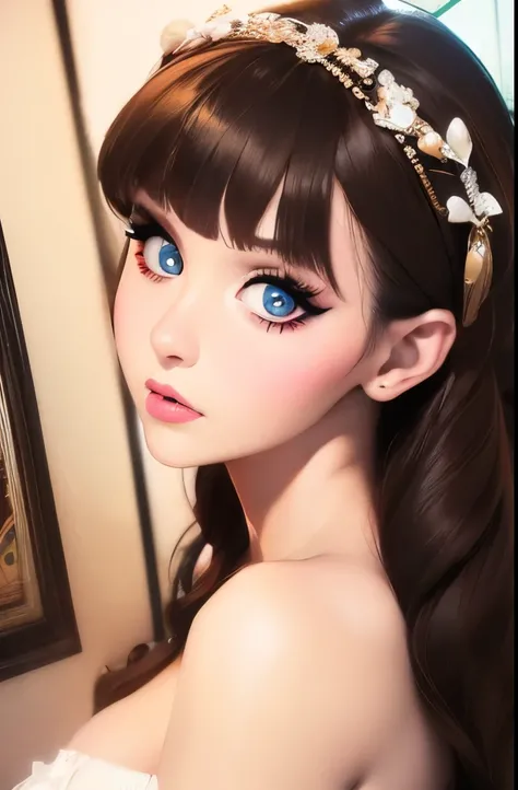 photorealistic, lip gloss, painting, realistic, best quality, ultra high resolution, depth, pastel color, natural shading, focus on face, face only, looking at viewer, long hair, hair accessory, black hair, brown and well detailed eyes, Dress