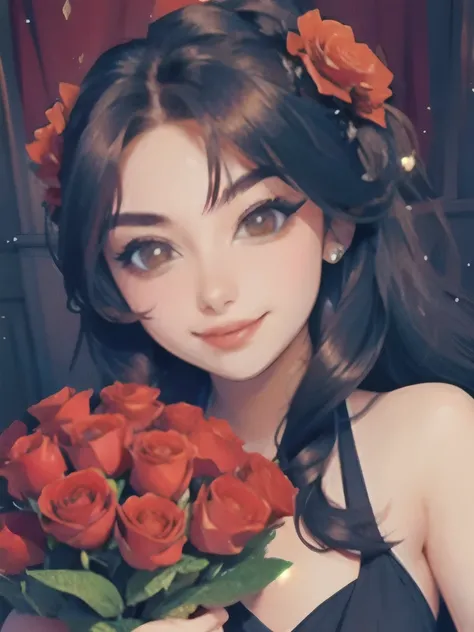 (masterpiece, best quality:1.2), a girl smiling, wearing a black dress, Rose Queen. Inside surrounded by red roses.