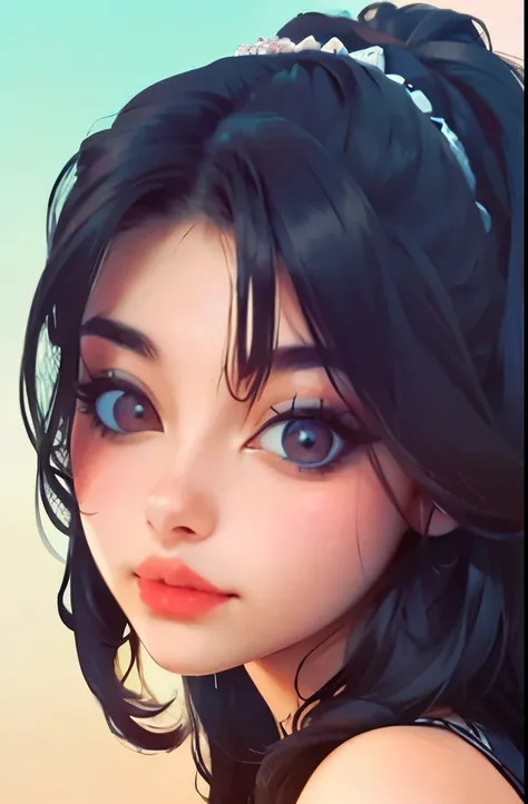 photorealistic, lip gloss, painting, realistic, best quality, ultra high resolution, depth, pastel color, natural shading, focus on face, face only, looking at viewer, long hair, hair accessory, black hair, brown and well detailed eyes, Dress