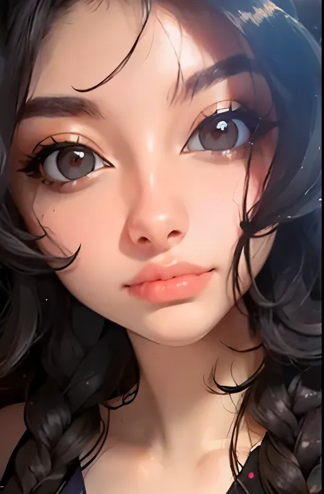 photorealistic, lip gloss, painting, realistic, best quality, ultra high resolution, depth, pastel color, natural shading, focus on face, face only, looking at viewer, long hair, hair accessory, black hair, brown and well detailed eyes, Dress