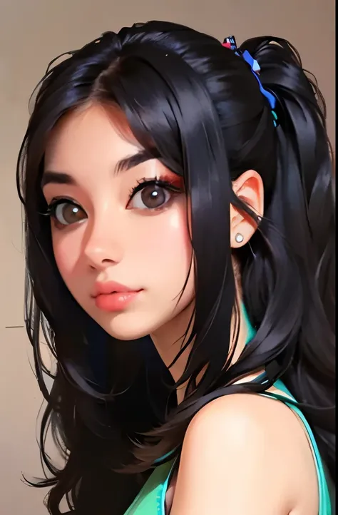 photorealistic, lip gloss, painting, realistic, best quality, ultra high resolution, depth, pastel color, natural shading, focus on face, face only, looking at viewer, long hair, hair accessory, black hair, brown and well detailed eyes, Dress