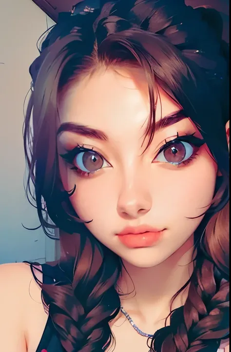 photorealistic, lip gloss, painting, realistic, best quality, ultra high resolution, depth, pastel color, natural shading, focus on face, face only, looking at viewer, long hair, hair accessory, black hair, brown and well detailed eyes, Dress