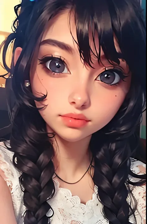 photorealistic, lip gloss, painting, realistic, best quality, ultra high resolution, depth, pastel color, natural shading, focus on face, face only, looking at viewer, long hair, hair accessory, black hair, brown and well detailed eyes, Dress