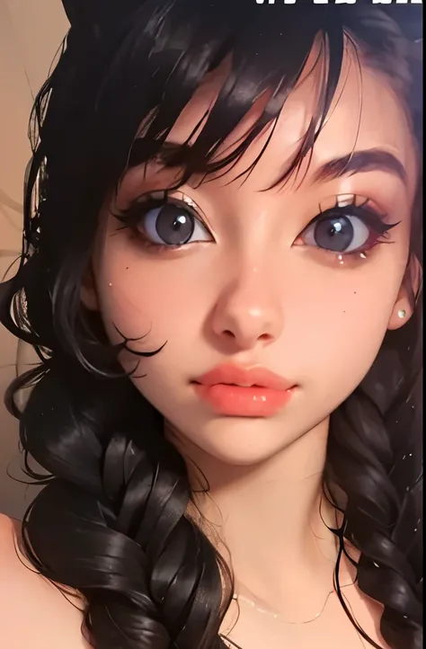 photorealistic, lip gloss, painting, realistic, best quality, ultra high resolution, depth, pastel color, natural shading, focus on face, face only, looking at viewer, long hair, hair accessory, black hair, brown and well detailed eyes, Dress