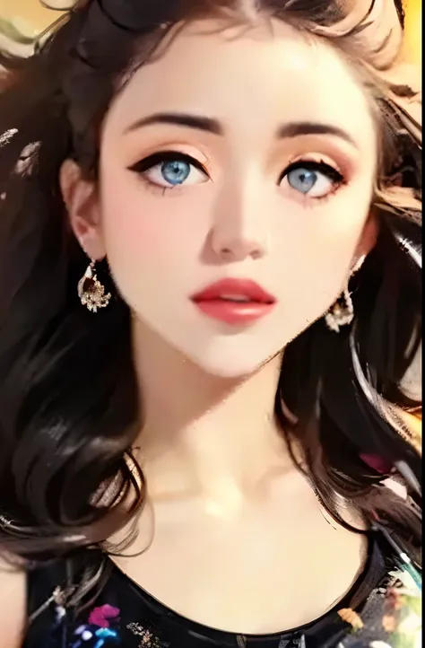 photorealistic, lip gloss, painting, realistic, best quality, ultra high resolution, depth, pastel color, natural shading, focus on face, face only, looking at viewer, long hair, hair accessory, black hair, brown and well detailed eyes, Dress