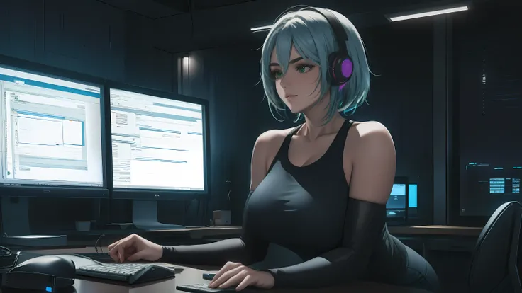 "A woman with a well-endowed figure, sitting at a modern desk with her hands poised over the keyboard, actively typing lines of code on the glowing computer screen. Her expression is one of intense concentration, her brows slightly furrowed as she focuses ...