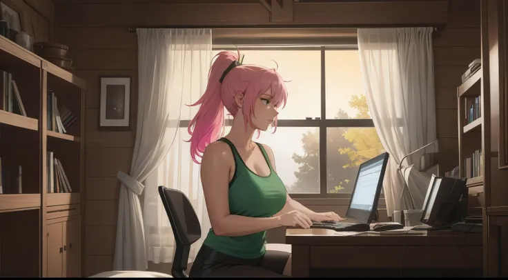 "A woman with pastel green and pink hair tied in a messy ponytail sits at her workspace, coding on a dual-monitor setup. She is wearing a black tank top and matching leggings, seated on a sleek gaming chair with pink accents. The room is dimly lit, illumin...