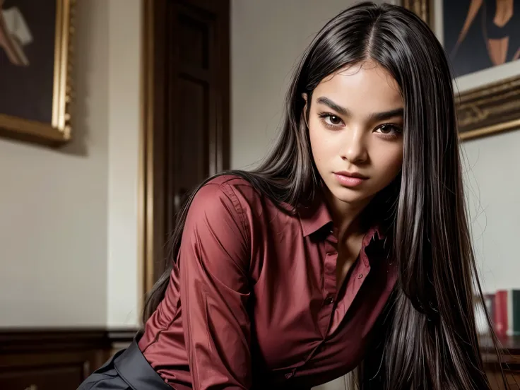 
1 person, 15-year-old black girl, long black hair, black eyes, dark complexion, dark skin, elegant appearance, slim, small breasts, red elegant shirt ((red shirt for suit: 1.2)) long black elegant pants, stylish, old historic law office, girl calmly posin...