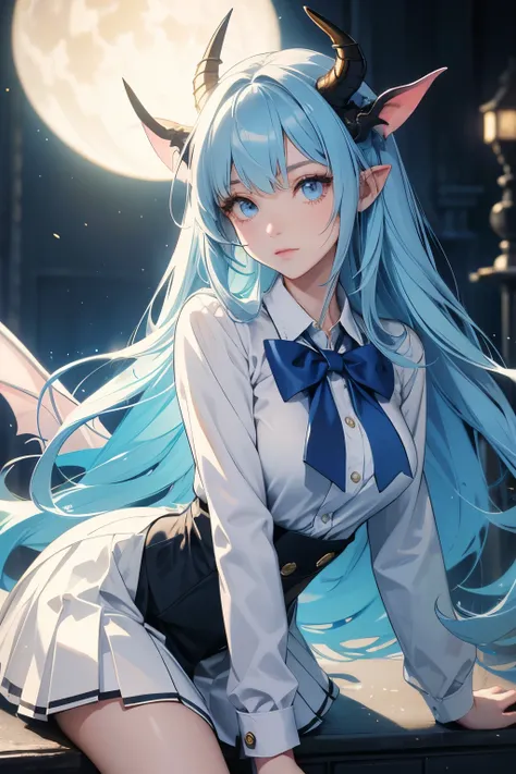 best quality, femele, long hair, Succubi, Yellow and blue eyes, Schoolgirl outfit, Light blue hair