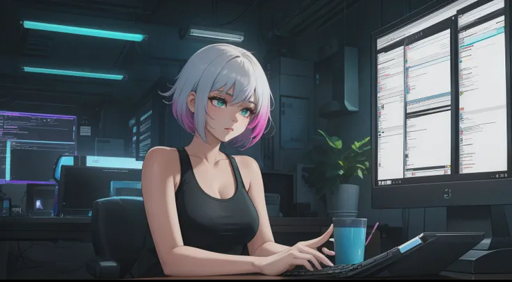 "A woman with short ombre hair transitioning from green to white sits at her desk, her hands actively typing on the keyboard as she focuses intently on the glowing computer screen in front of her. Her eyes reflect her concentration as lines of code illumin...