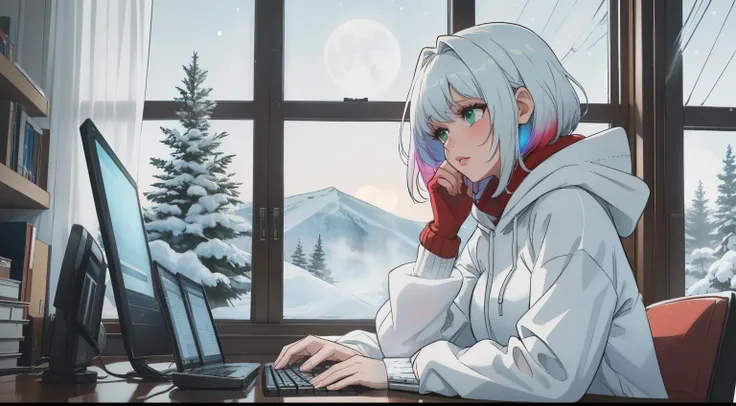 "A woman with short ombre hair transitioning from green to white sits at her desk, her hands actively typing on the keyboard as she focuses intently on the glowing computer screen. She is wearing a vibrant red hoodie, contrasting beautifully with the cool ...