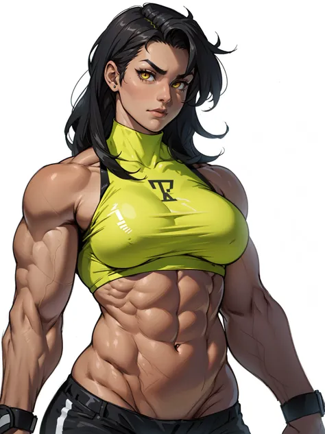 (((muscular girl toned body large breasts thick perfect anatomy))) yellow eyes black hair pale best quality