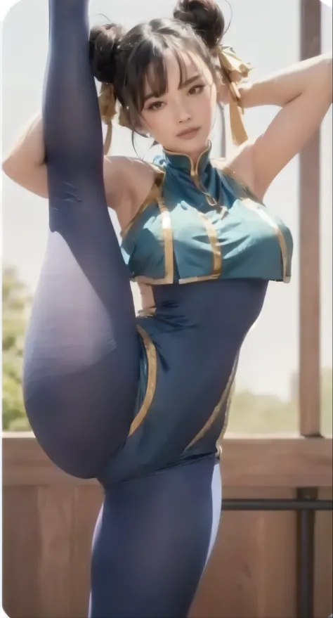 a woman in blue and gold clothing, tight outfit, pose with her hands behind her body.