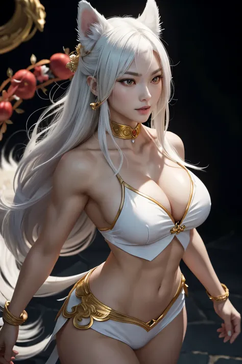 8k, Kickboxing Poses をとる成人イヌガミの女神、  Fearless Female Dog God  、 White Dog Ears , Beautiful long white hair 、Incarnation of the God of Dogs 、Brave、 beautiful smile、 Japanese Red and White Shrine Maiden Costume ,輝く golden eyes、Detailed light、 dynamic angle 、 ...