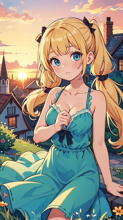 1 adult woman in a village, long blonde pigtails, smal breasts, blue eyes, green sundress, cleavage, sunset