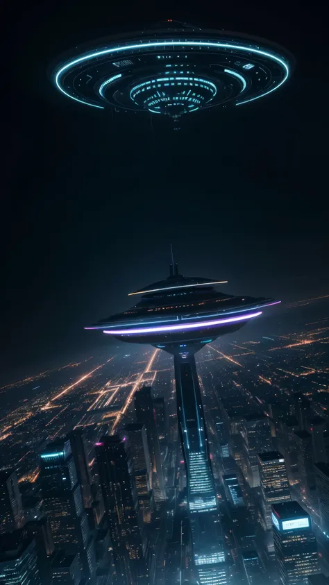 a detailed futuristic flying saucer, hovering over a city, advanced technology, glowing lights, reflective metallic surface, sleek and aerodynamic design, advanced propulsion system, cityscape with skyscrapers, neon lights, advanced architecture, dynamic m...