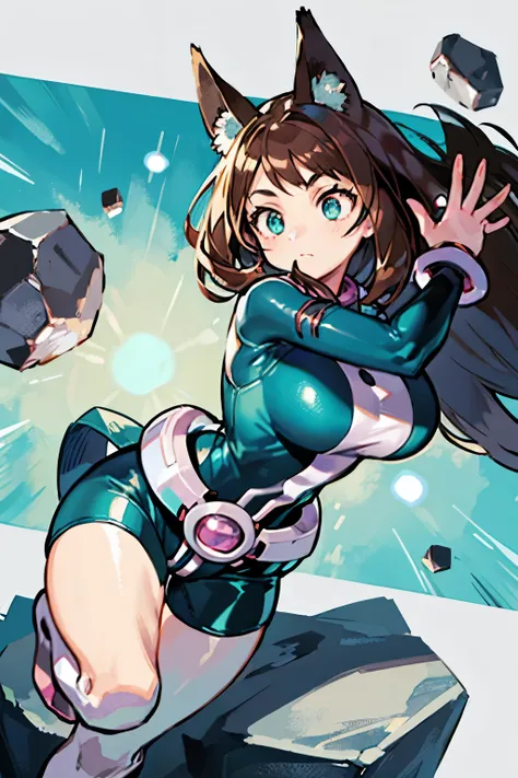 thick outlines, comics, photorealistic ,  masterpiece:1.2, , 1 girl, Alone,  big breasts, , ochako,  brown hair with turquoise hair tips, body,  belt, sky, levitating rocks ,  detailed background ,  detailed face ,  detailed turquoise eyes ,   long hair a ...