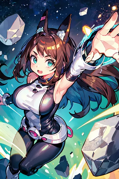 thick outlines, comics, photorealistic ,  masterpiece:1.2, , 1 girl, Alone,  big breasts, , ochako,  brown hair with turquoise hair tips, body,  belt, sky, levitating rocks ,  detailed background ,  detailed face ,  detailed turquoise eyes ,   long hair a ...