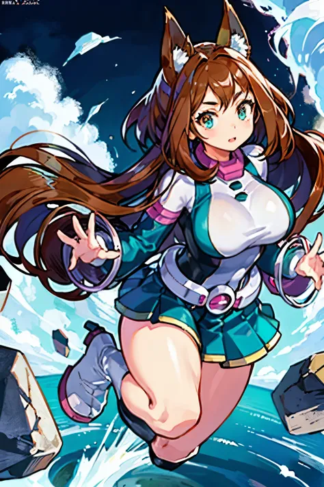 thick outlines, comics, photorealistic ,  masterpiece:1.2, , 1 girl, Alone,  big breasts, , ochako,  brown hair with turquoise hair tips, body,  belt, sky, levitating rocks ,  detailed background ,  detailed face ,  detailed turquoise eyes ,   long hair a ...