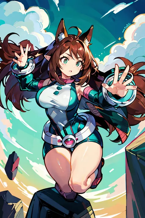 thick outlines, comics, photorealistic ,  masterpiece:1.2, , 1 girl, Alone,  big breasts, , ochako,  brown hair with turquoise hair tips, body,  belt, sky, levitating rocks ,  detailed background ,  detailed face ,  detailed turquoise eyes ,   long hair a ...