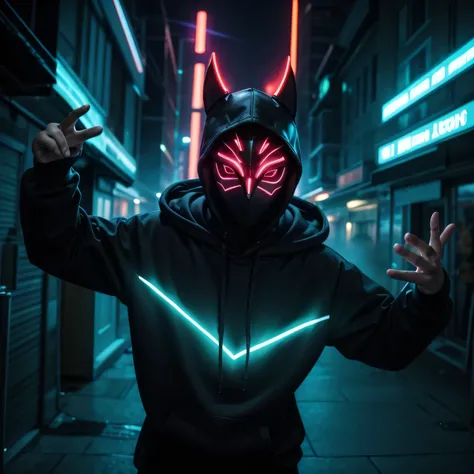 A hyper-realistic digital painting of a man in a black hoodie wearing a futuristic LED mask, glowing in vibrant colors with a playful and menacing expression, standing in an urban environment. His pose is dynamic, with one hand reaching forward and the oth...