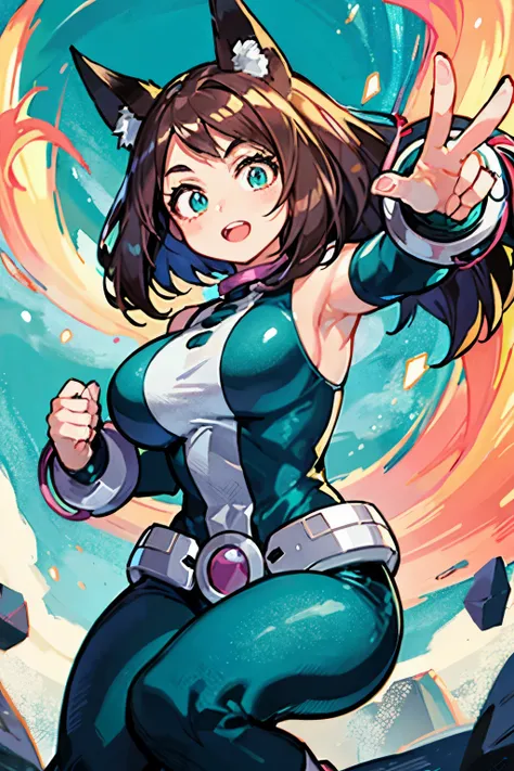 thick outlines, comics, photorealistic ,  masterpiece:1.2, , 1 girl, Alone,  big breasts, , ochako,  brown hair with turquoise hair tips, body,  belt, sky, levitating rocks ,  detailed background ,  detailed face ,  detailed turquoise eyes ,   long hair a ...