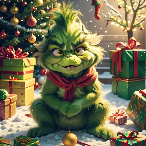 Depict the Grinch in a funny situation, such as trying to steal the Christmas tree but getting tangled up in lights or decorations instead. Add funny text such as: When you realize theres no tree this year and youve given up! Use bright Christmas colors an...