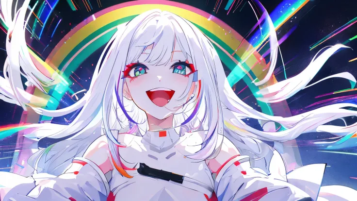 Best quality, highest resolution, 8K, white rainbow hair, very beautiful woman, crazy smile,singing