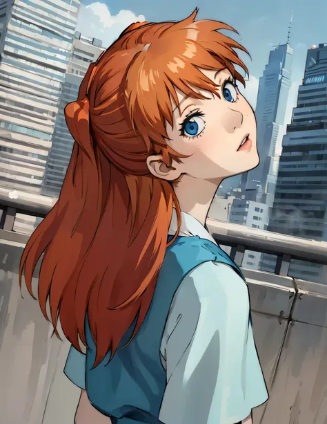 1 girl, Asuka Langley, blue eyes, Orange hair, unexpresive, white background 