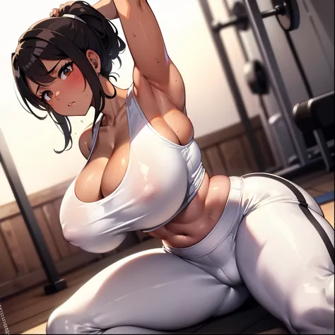 gym, workout, hot, sweating, dark skin, brown skin, tan skin, brown skin, black hair, entitled look, annoyed look, sweaty, white clothes , white yogapants, dark skin, tan, big , tan skin, Best quality, big breasts breasts, entitled, looking down, gyaru, an...