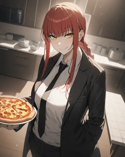 1girl, solo, long hair, breasts, looking at viewer, smile, bangs, shirt, closed mouth, standing, jacket, yellow eyes, white shirt, braid, sidelocks, red hair, necktie, collared shirt, pants, indoors, coat, black jacket, black pants, formal, suit, black nec...