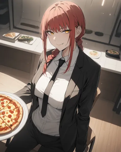 1girl, solo, long hair, breasts, looking at viewer, smile, bangs, shirt, closed mouth, standing, jacket, yellow eyes, white shirt, braid, sidelocks, red hair, necktie, collared shirt, pants, indoors, coat, black jacket, black pants, formal, suit, black nec...