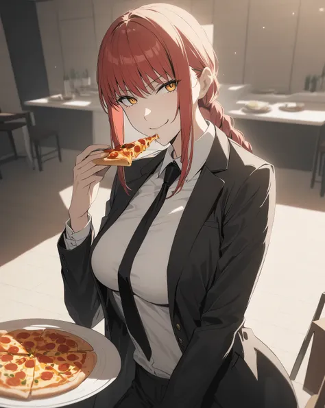 1girl, solo, long hair, breasts, looking at viewer, smile, bangs, shirt, closed mouth, standing, jacket, yellow eyes, white shirt, braid, sidelocks, red hair, necktie, collared shirt, pants, indoors, coat, black jacket, black pants, formal, suit, black nec...