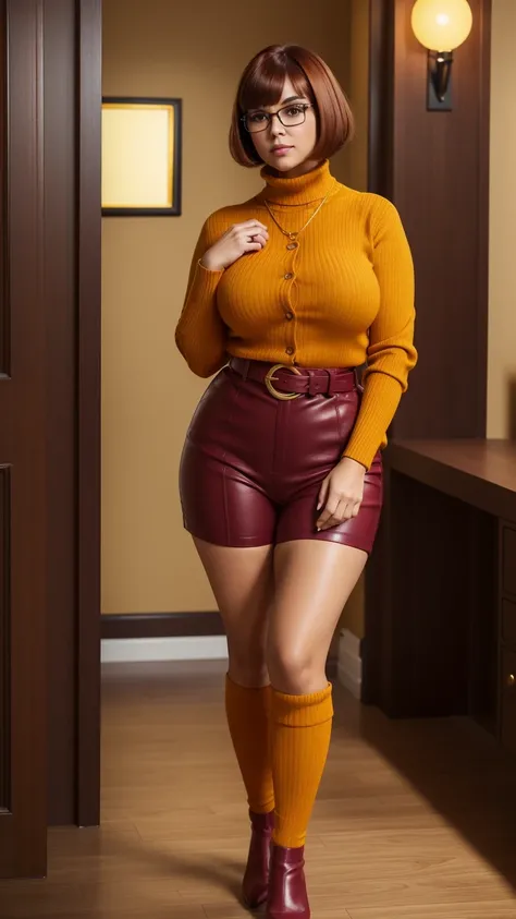 ((masterpiece, best quality, ultra-detailed, ultra-HD, photorealistic, cinematic)), (wide camera shot, full body view:1.5), (sensual pose, standing), (alluring and voluptuous female as Velma Dinkley:1.2), tight and thin yellow pants, perfect anatomy, perfe...