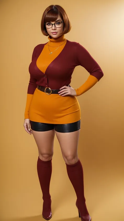 ((masterpiece, best quality, ultra-detailed, ultra-HD, photorealistic, cinematic)), (wide camera shot, full body view:1.5), (sensual pose, standing), (alluring and voluptuous female as Velma Dinkley:1.2), tight and thin yellow pants, perfect anatomy, perfe...