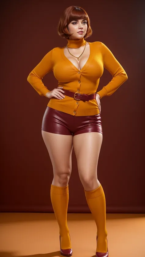 ((masterpiece, best quality, ultra-detailed, ultra-HD, photorealistic, cinematic)), (wide camera shot, full body view:1.5), (sensual pose, standing), (alluring and voluptuous female as Velma Dinkley:1.2), tight and thin yellow pants, perfect anatomy, perfe...