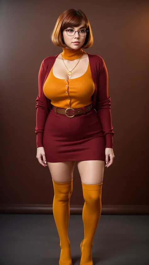 ((masterpiece, best quality, ultra-detailed, ultra-HD, photorealistic, cinematic)), (wide camera shot, full body view:1.5), (sensual pose, standing), (alluring and voluptuous female as Velma Dinkley:1.2), tight and thin yellow pants, perfect anatomy, perfe...