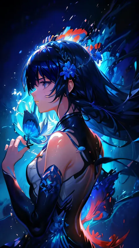 anime girl with blue flowers and fish in her hair, conrad roset and makoto shinkai, makoto shinkai cyril rolando, perfect blue, jen bartel, laurie greasley and james jean, by Jin Nong, a beautiful artwork illustration, wallpaper anime blue water, by Yanaga...