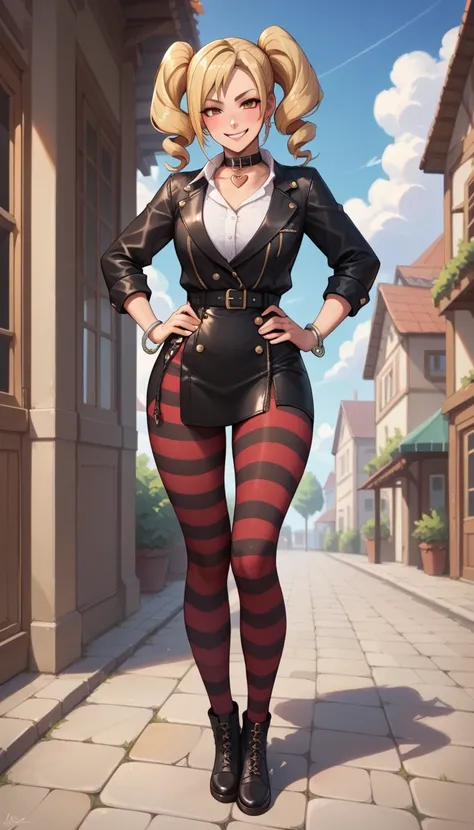 1solo, full body, standing straight symmetrical, looking at viewer, hands on hips, twin drills twintails, striped pantyhose, golden handcuffs on their hands with a black leather collar around the golden heart necklace and black leather choker with golden b...