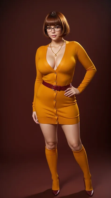 ((masterpiece, best quality, ultra-detailed, ultra-HD, photorealistic, cinematic)), (wide camera shot, full body view:1.5), (sensual pose, standing), (alluring and voluptuous female as Velma Dinkley:1.2), tight and thin yellow pants, perfect anatomy, perfe...