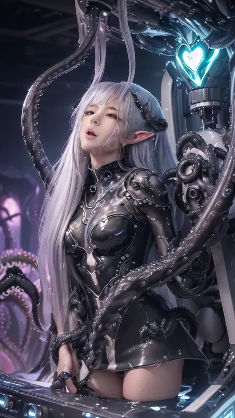 masterpiece , Beautiful Realistic Character Expression , Her hair is long, silky silver , clear , Glowing dimly, fox-like ears , Twins Hairstyle Weave with Natures Whispers ...