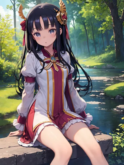 (masterpiece,  top quality ),  One girl (Athena_Asamiya),  cute dress ,   long black hair,  sitting,  beautiful outdoor background ,   knight , forest