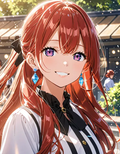 Age 23，     fille、         roux、          long hair，         queue de cheval，      earrings for women 1 person   ，     upper body，  smile ，  意地悪な smile，images d'anime