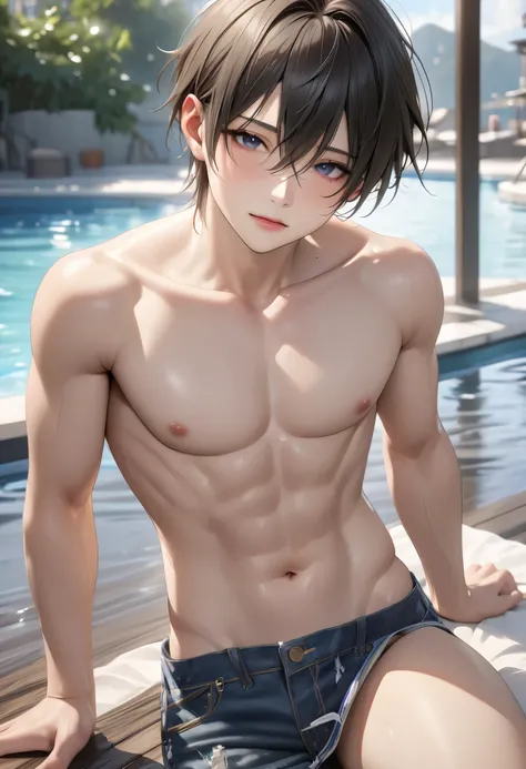 1 idol boy, topless, seduced, best quality, 4k, 8k, highres, (masterpiece:1.2), ultra-detailed, (photo realistic:1.4),