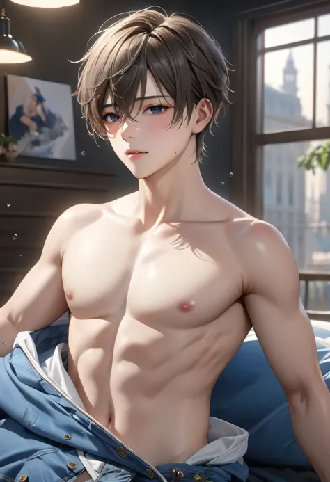 1 idol boy, topless, seduced, best quality, 4k, 8k, highres, (masterpiece:1.2), ultra-detailed, (photo realistic:1.4),