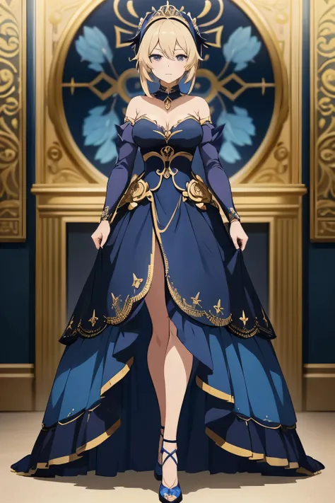 Woman in blue dress and black shoes standing in front of a gold watch, Anime Goddess, (( very detailed and high quality )), Full Body Sensha ,  very detailed and high quality ,  royal elegant pose,  beautiful charming anime woman ,  Seductive Anime Girls ,...