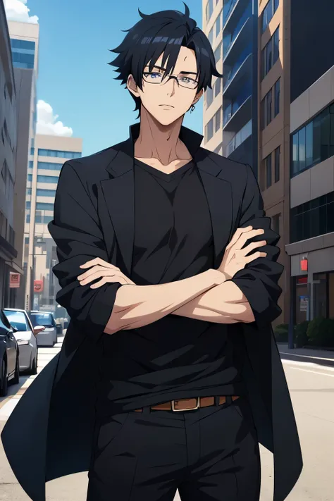 Anime man with black hair and glasses standing in front of a building,   anime handsome man, Young Anime Guy, Male Anime Style,  anime portrait of an attractive man, Male Anime Characters , Wearing an eyepatch, tall anime boy 、 blue eyes, Anime Boy,  Hands...